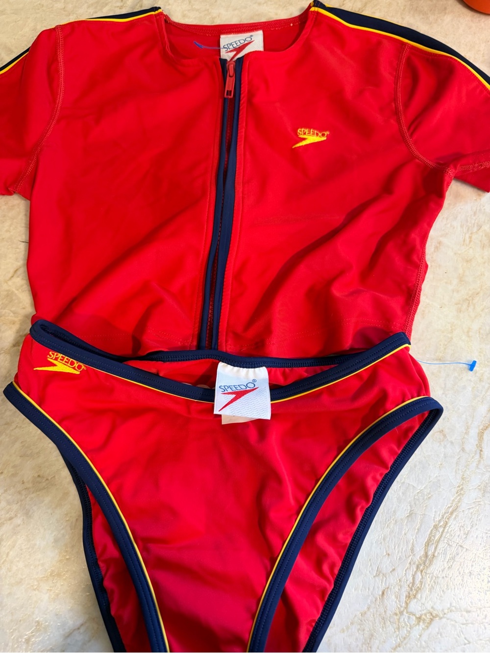 Vintage Speedo Red Zip-Front Two-Piece Swimsuit with Navy Trim - Picture 2 of 4